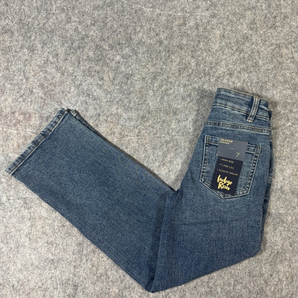 Indigo Rein Skater High Rise Flare Jeans Medium Wash Distressed Size 7 NWT